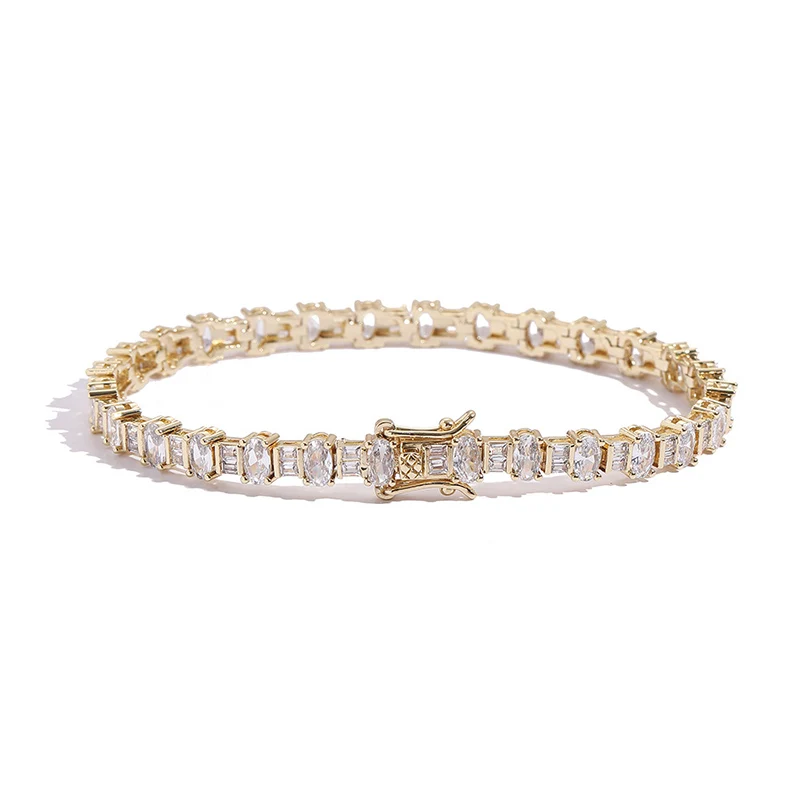 Hip Hop Square Oval CZ Stone Paved Bling Iced Out Tennis Link Chain Bracelets for Men Women Rapper Jewelry Gold Silver Color