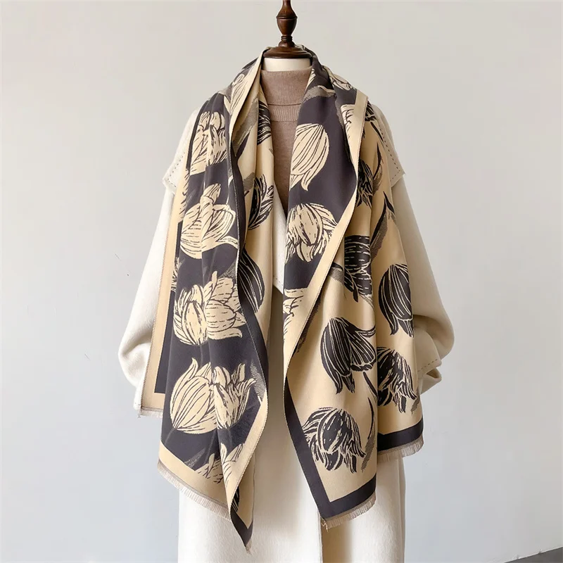 2024 Design Floral Printed Cashmere Scarf Women Winter Pashmina Shawls And Wraps Thick Warm Bufanda Stoles Blanket Luxury