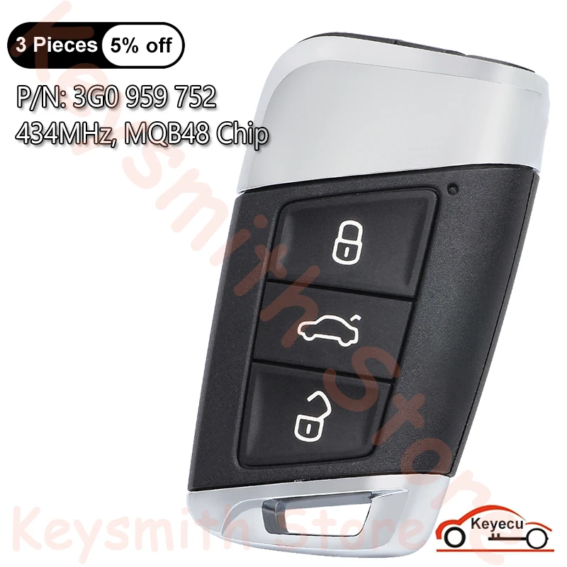 KEYECU 3 Buttons 434MHz MQB48 Chip for Volkswagen VW Passat B8 Superb A7 Magotan 2015-2018 Auto Smart Remote Key Fob 3G0 959 752