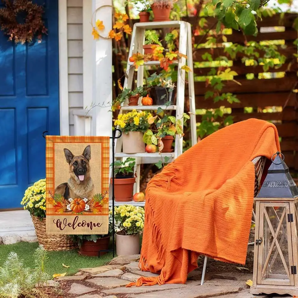 Sheltie Welcome Fall Thanksgiving Garden Flag Dog Pumpkin Maple Leaves Buffalo Check Plaid Autumn Decor Flag for Outside Yard 12