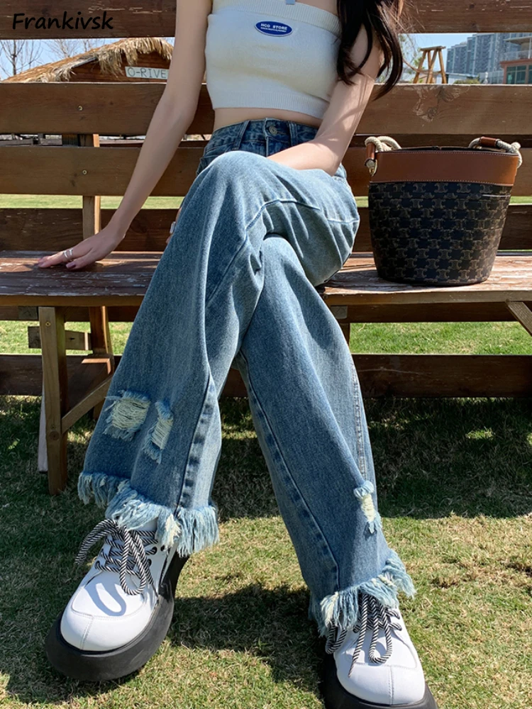 

Women Jeans Draping Frayed Raw Edge Pantalones Daily Cozy Harajuku Fashion Denim All-match Japanese Style Wide Leg Girlish Chic