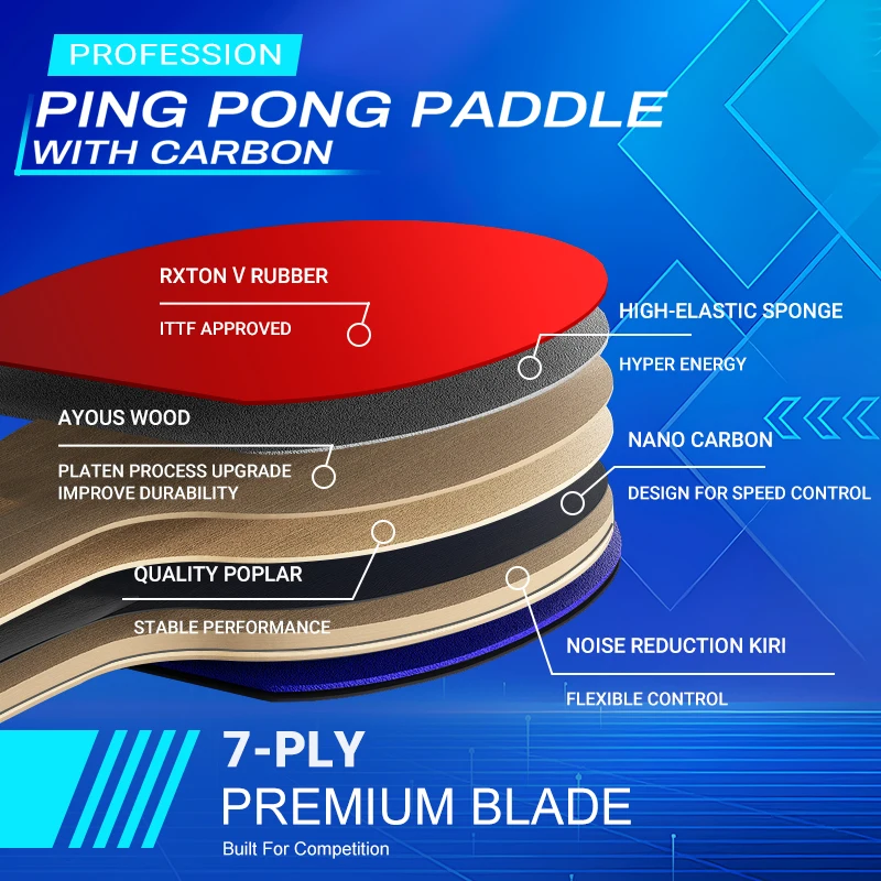 LOKI R6 7-Ply مضرب تنس الطاولة 5 الخشب 2 ألياف الكربون مضرب مسبقة الصنع مع RXTON5 تنس الطاولة المطاط ITTF مضرب تنس الطاولة
