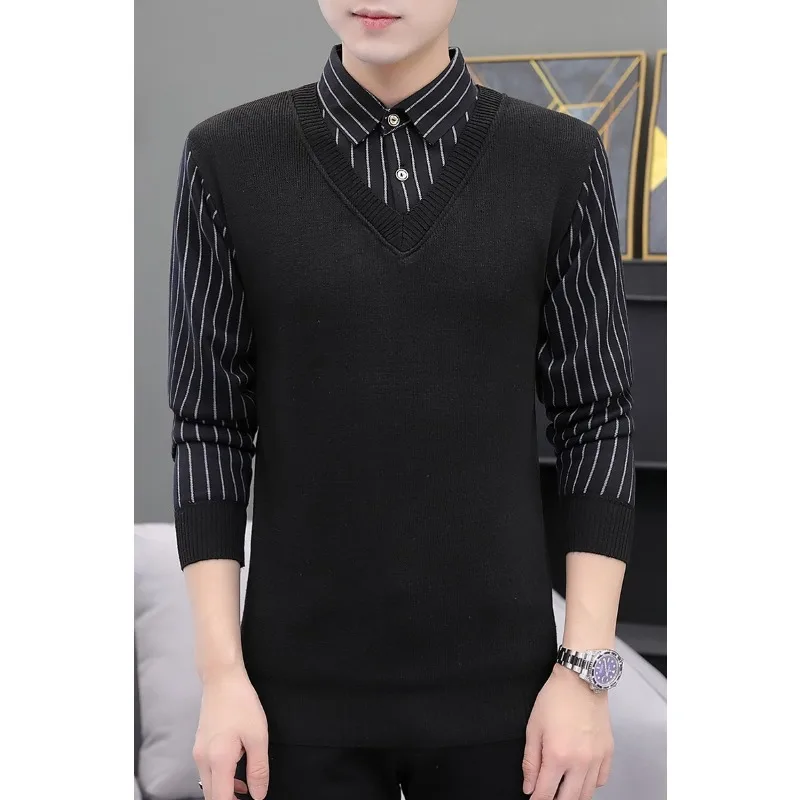 2024 New Men's Casual Fake Two Sweaters and Knitwear Fashion Plaid Letter Print Sweater Vest Long Sleeved Shirts