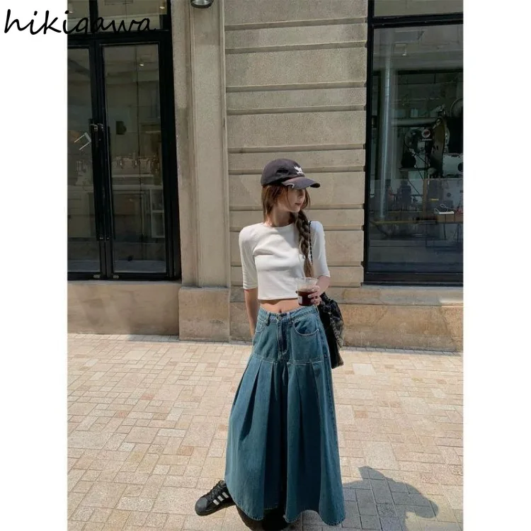 Vintage Denim Skirts Women's Clothing Patchwork High Waist A-line Casual Jupe Fashion Streetwear Saia Fashion Y2k Pleated Skirt