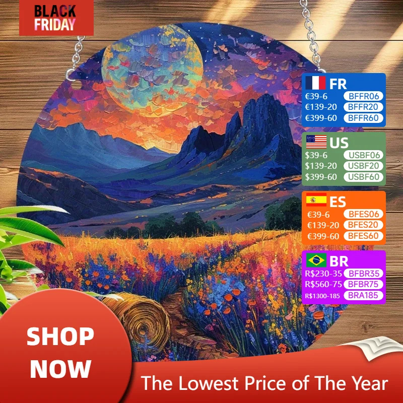 Acrylic Pendant 2D, Mountain Flower Sea Moon Night Oil Painting, Garden Home Decoration Decorations, Suitable for Holiday Gifts