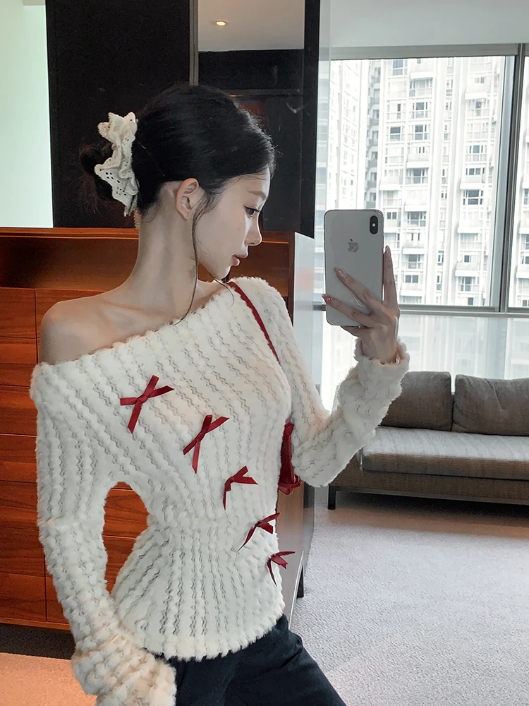 Fall Slash Hollow Shoulder Knit Sweater Bow Ribbon Design fairycore 2000s y2k korean aesthetic kawaii clothes cute sexy pullover