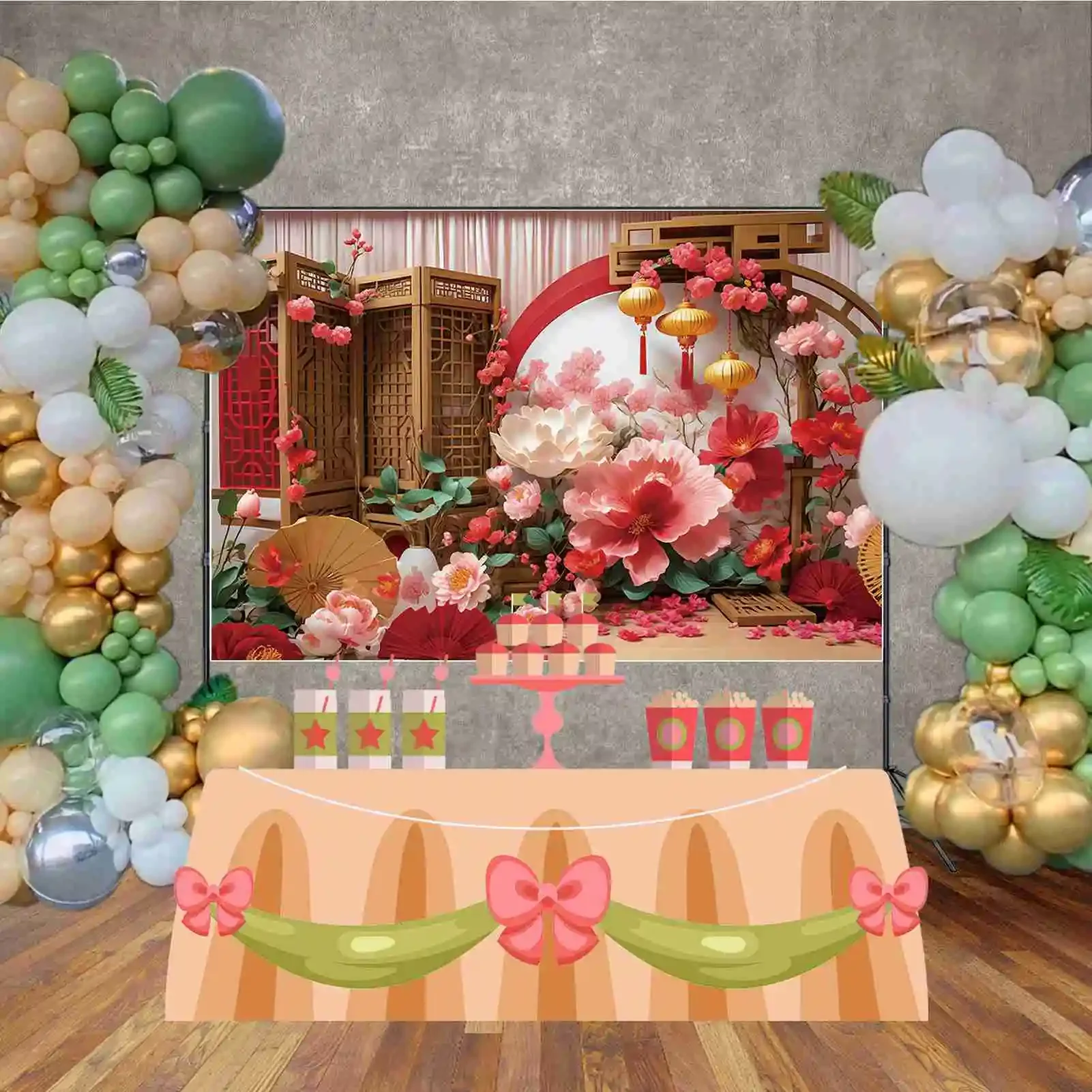 MOON.QG Classical Chinese New Year Background Photography Candle Fan Golden Lantern Photozone Backdrop Baby Studio Accessories