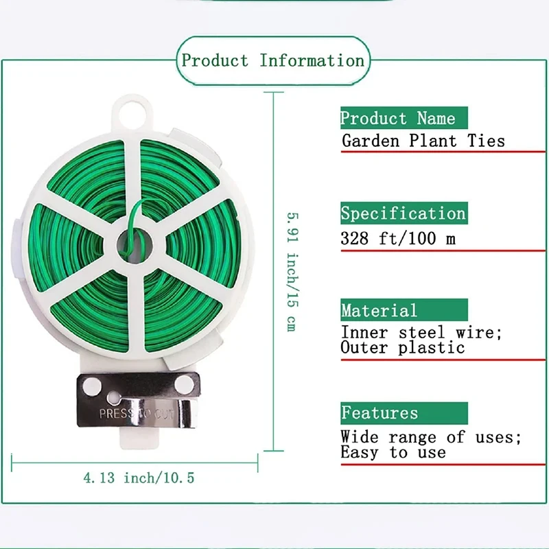 Plant Ties, 328 FT/100m Green Garden Wire, Sturdy Plant Ties Wire with Cutter for Indoor, Outdoor Plant, Tomatoes Vines Support