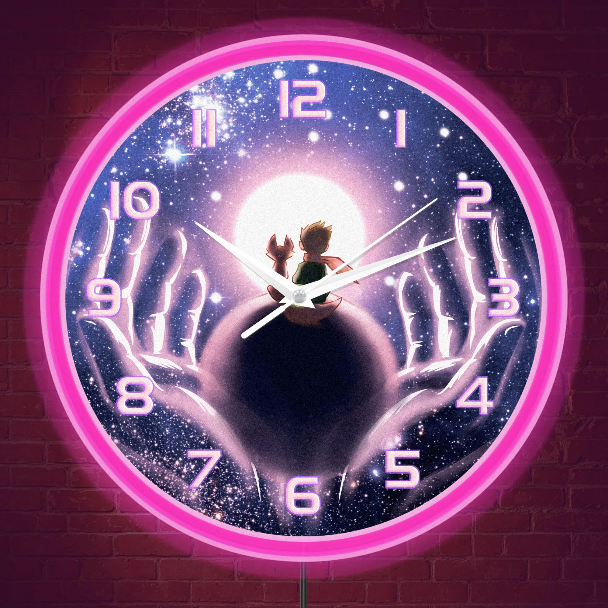 Starry Night Sky Prince Neon Wall Clock for Reading Nook Study Room Fantasy Space Home Decor Cosmic Boy LED Light Up Wall Clock