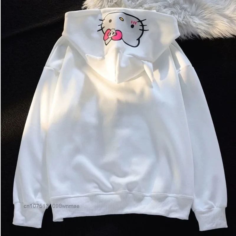 Sanrio 100% Cotton American Zip-up China-Chic Hello Kitty Printed Hoodie Women\'s Loose Zipper Cardigan Coat Hooded Clothes