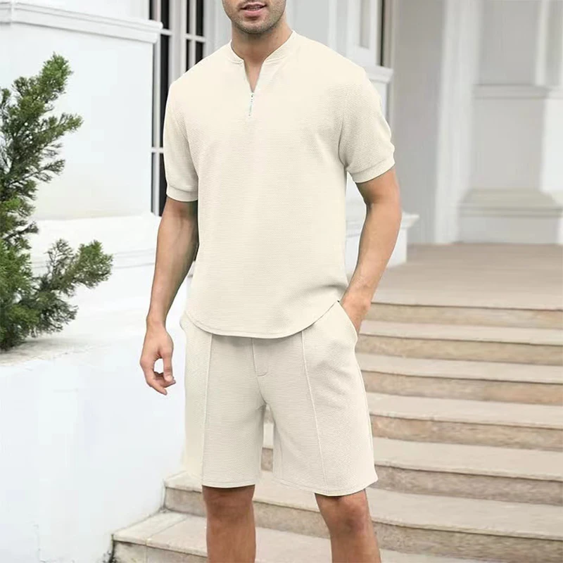 

New Casual Two Piece Sets Mens Outfit 2024 Spring Summer Fashion Zipper V Neck Short Sleeve T Shirts And Shorts Men Solid Suits