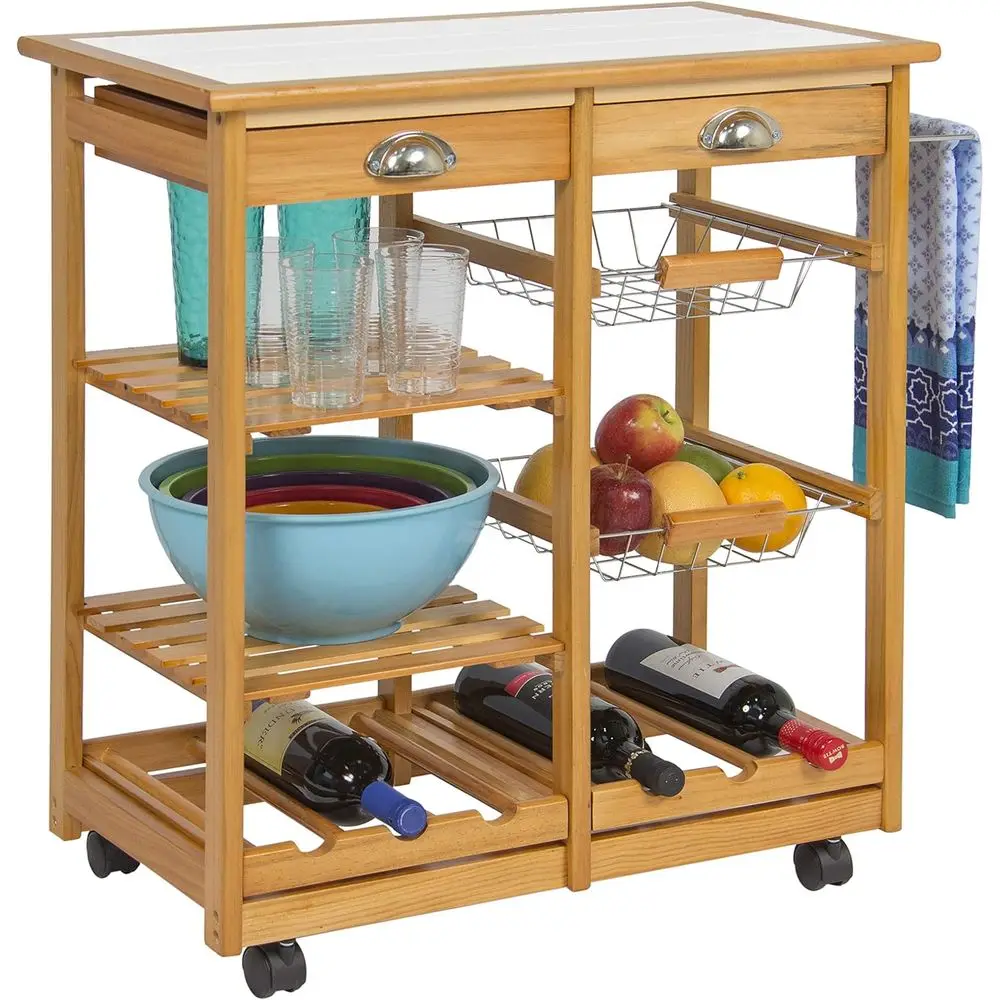 

Kitchen Storage Cart with Drawers, Utility Baskets, and Wine Rack