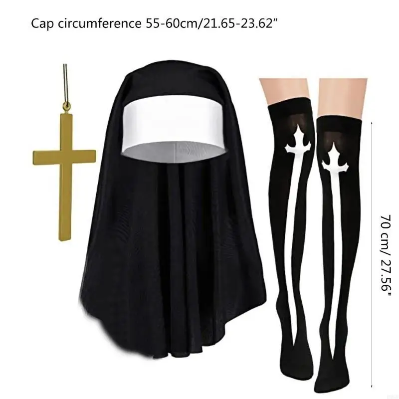 Ensemble Costume nonne B95F, collier avec pendentif croisé, chapeau nonne, d'accessoires nonne d'halloween