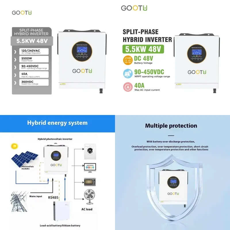 for GOOTU American Standard 5.5KW 48V Hybrid Inverter Split Phase MPPT 90-450VDC 120V 240V