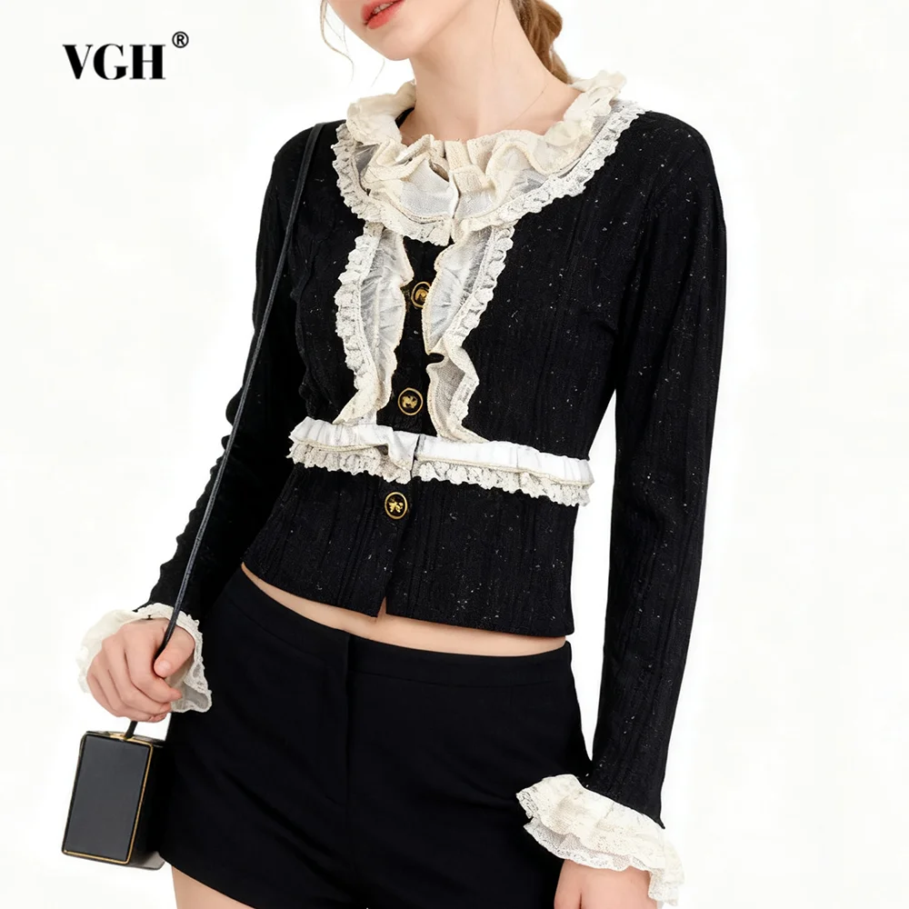 

VGH Temperament Spliced Ruffle Slimming Hit Color Jackets For Women Round Neck Long Sleeve Autumn Chic Jacket Female Fashion New