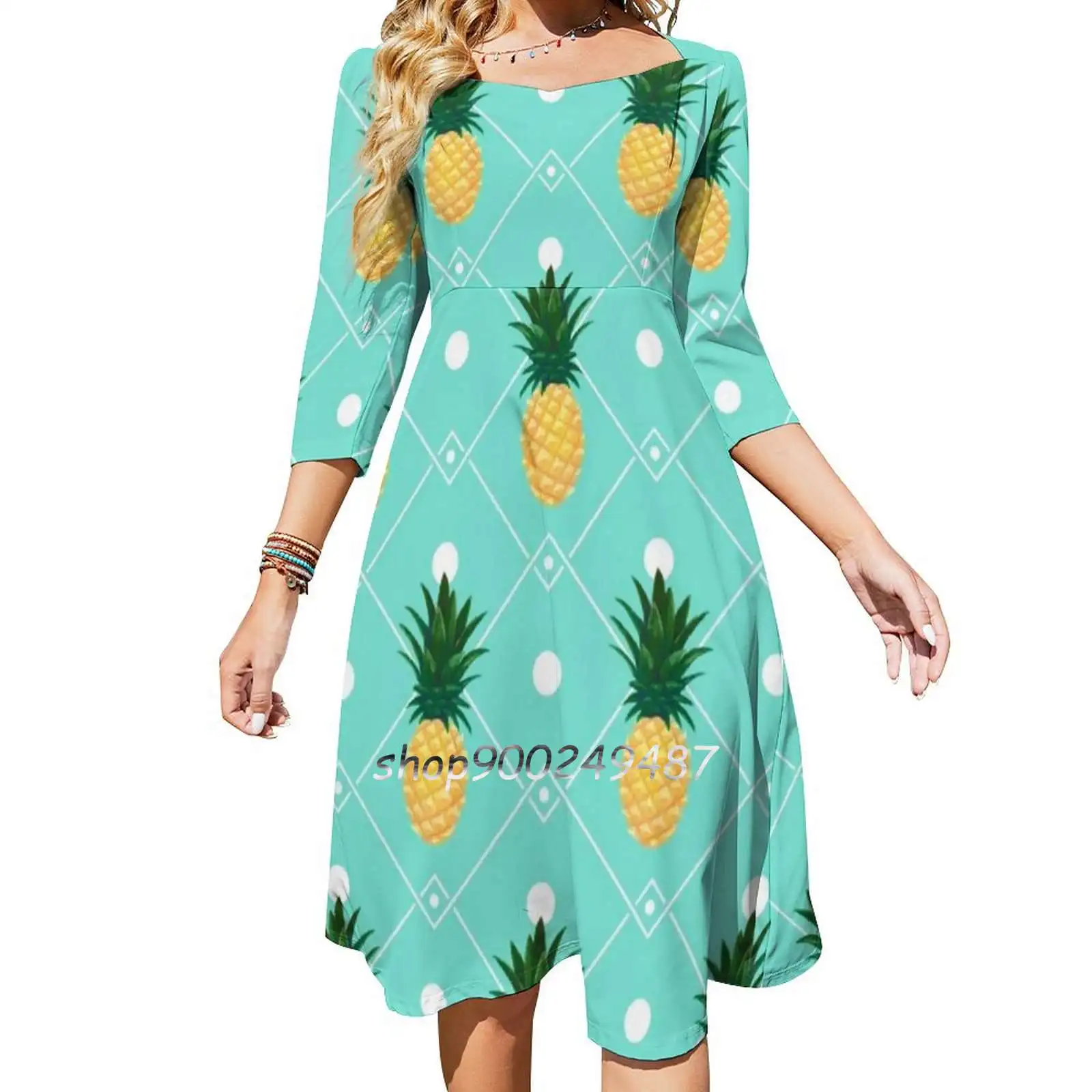 Pineapples Sweet Elegant Dress Women Korean Kawaii Square Collar Dress Pine Pines Pattern Aimee Cozza Tropical Fruit Citrus Pine