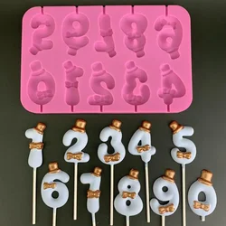 0-9 Number Lollipop Silicone Mold Bowknot Top Hat Chocolate Cheese Stick DIY Handmade Candle Mold Cake Decoration Accessories