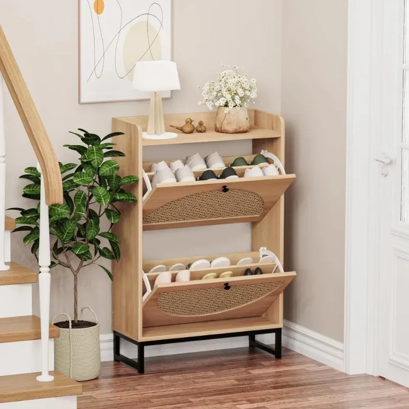 Shoe Cabinet with 2 Handmade Natural Rattan Flip Drawers, Entryway Shoe Rack Storage Organizer , Free Standing Shoe Racks