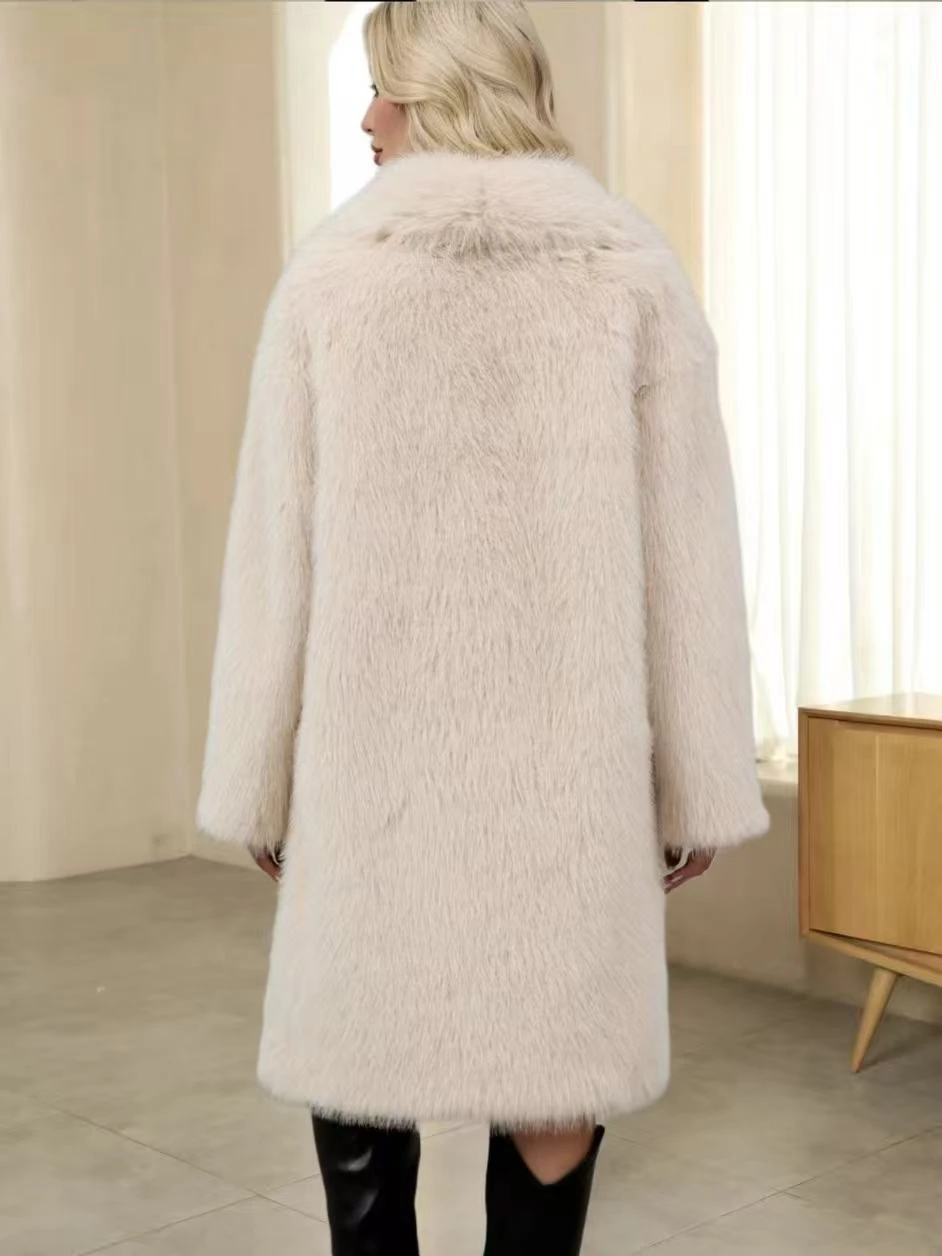 2026 Autumn Winter Women Faux Fur Coat Lapel Collar Fluffy Long Hair Open Front Mid Long Jacket Black White
