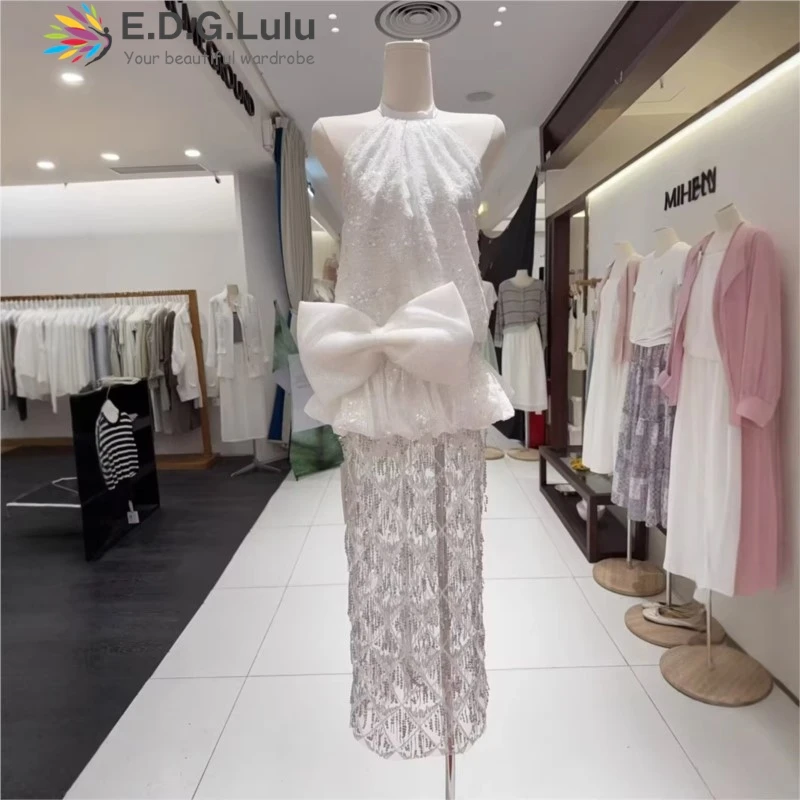 

EDGLuLu Luxury Birthday Set Sexy Halter Sequined Top+Tassel Mesh Bead Back Slit Skirt+Big Bow Tie 3 Piece Set Suit 0319