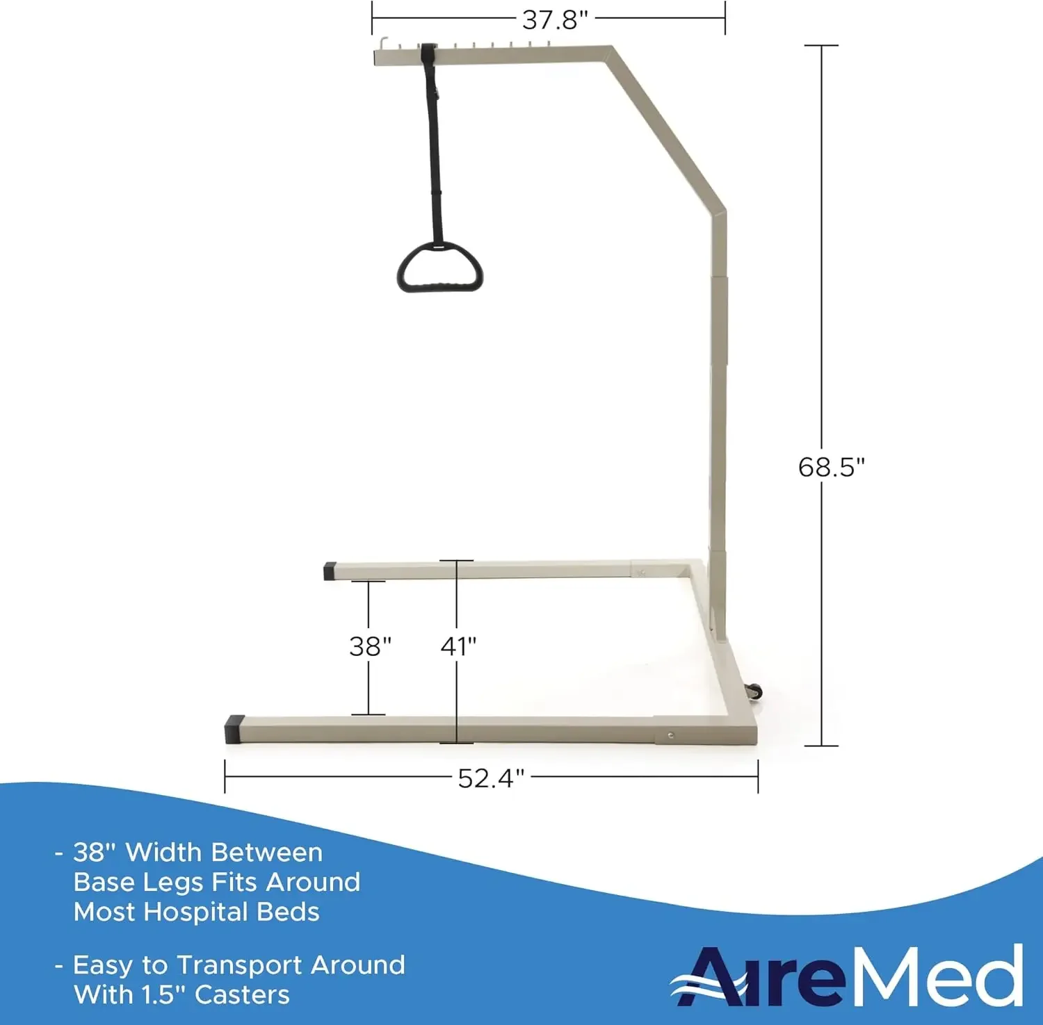 Trapeze Bar for Bed Mobility with Stand - 38” Wide U-Base for More Stability & Easy Maneuvering - Bed Assist Rails for E