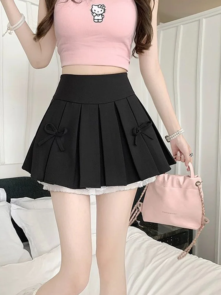 여성용 그레이 플리츠 미니 스커트 2025 신상 A라인 숏 스커트 레이스 트리밍, 데일리룩 영국풍