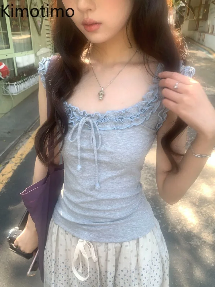 Kimotimo Sweet Bow Bandage Fungus Edge Vest Women 2026 Summer Sleeveless Slim Crop Top Y2k Aesthetic Spicy Girl Chic Camis Tanks