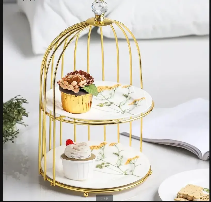 

Wrought Iron Ceramics Cake Stand Fruit Tray Double Layer Cake Pan Snack Dessert Plate Display Stand Desktop Decorative Frame