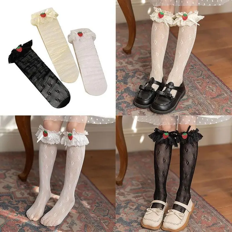 195E calcetines hasta rodilla encaje Floral verano para niñas, con lazo fresa bonitas con adornos volantes