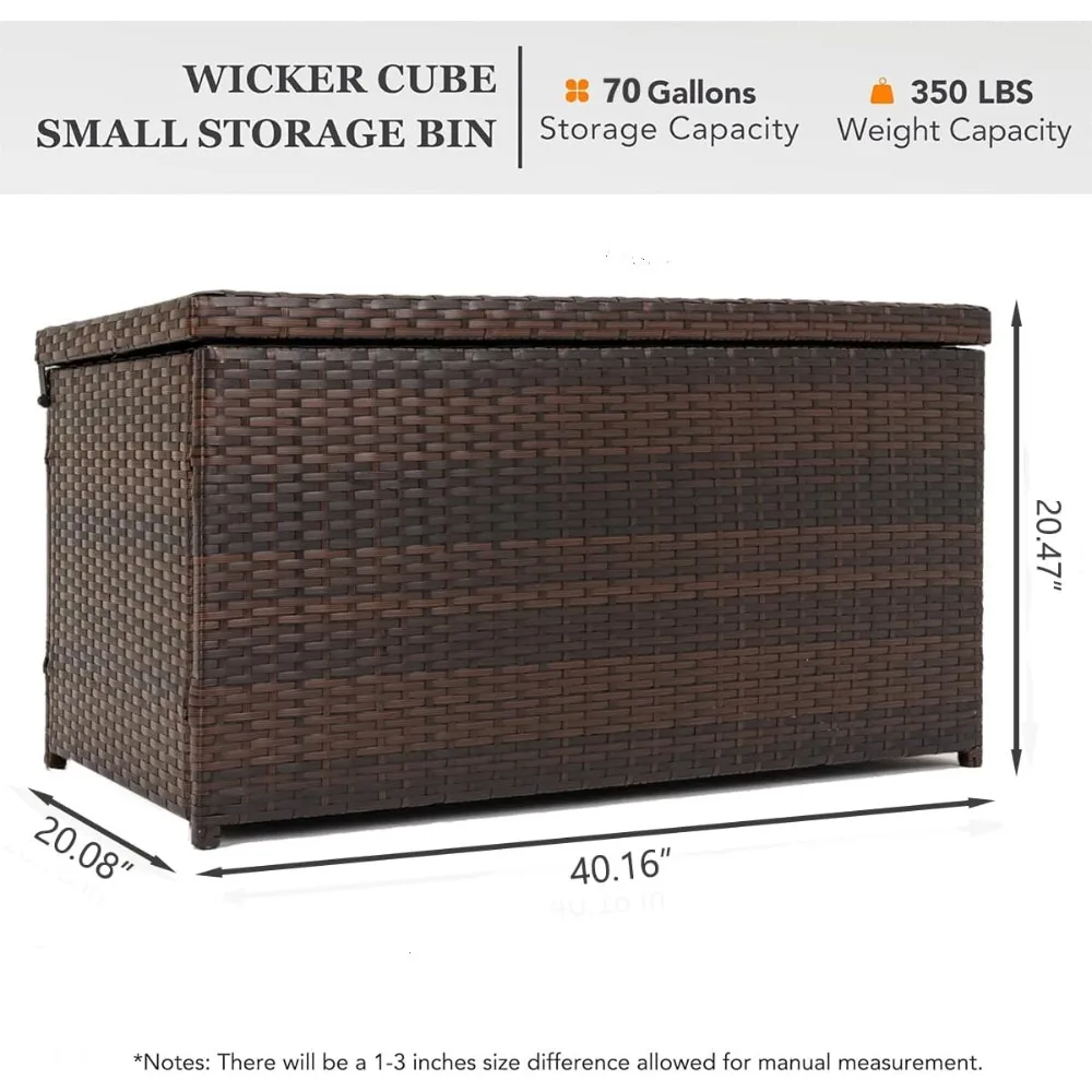 Waterproof Outdoor Wicker Storage Box 70 Gallon, Deck Patio Rattan Container with Hinged Lid, Weather-Resistant Storage Solution