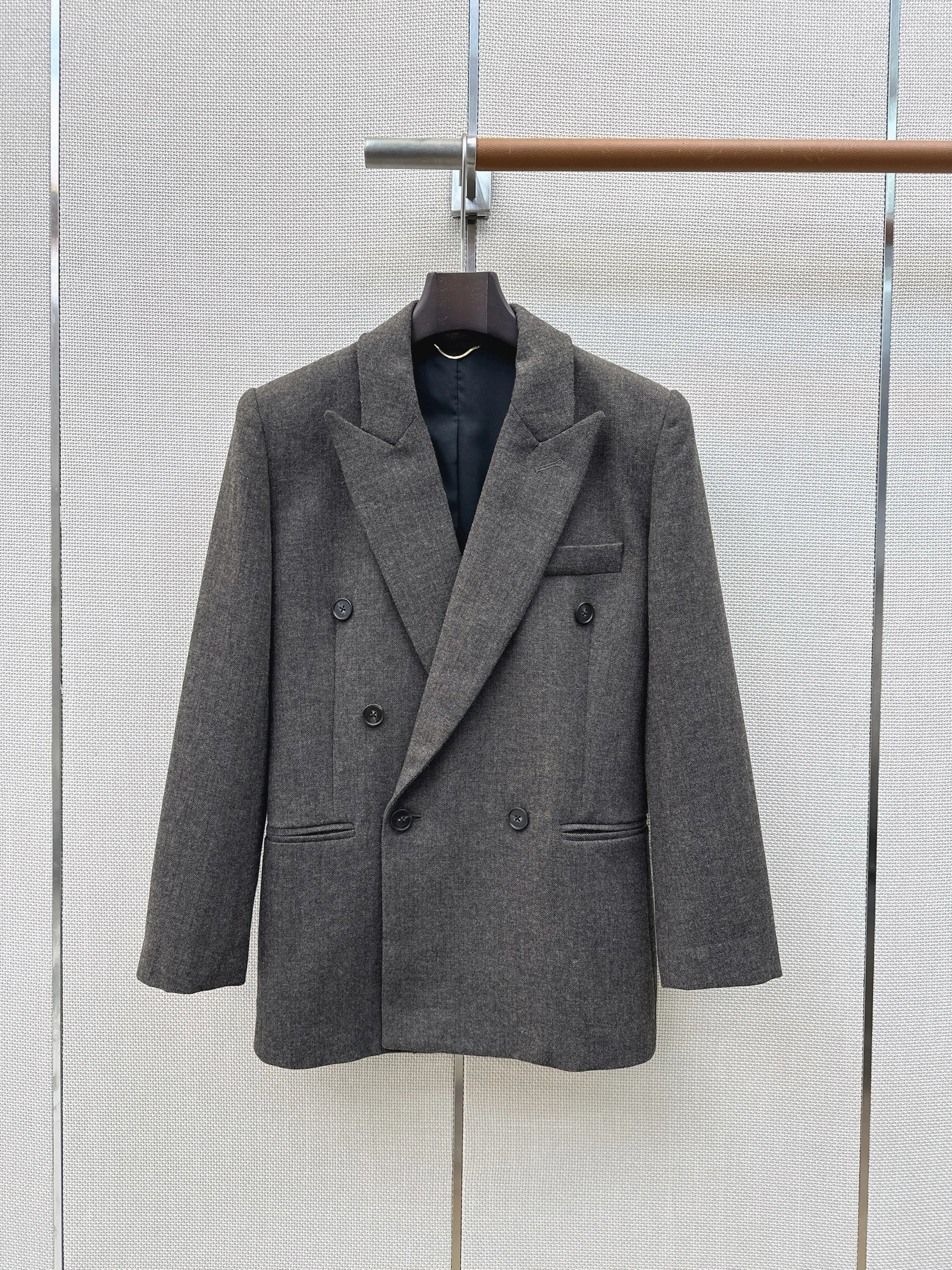 Women 2026 Autumn Double Breasted Wool Commute Blazer Dark Grey Long Sleeve
