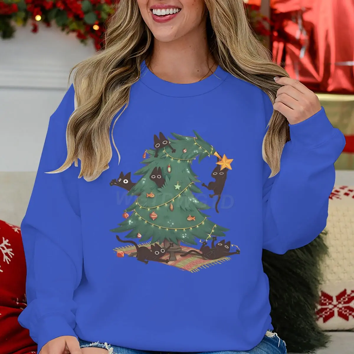 مضحك شجرة القط الأسود طباعة النساء بلوزات عيد ميلاد سعيد حفلة مطابقة الملابس الكرتون الحيوان تصميم عيد الميلاد بلايز عادية