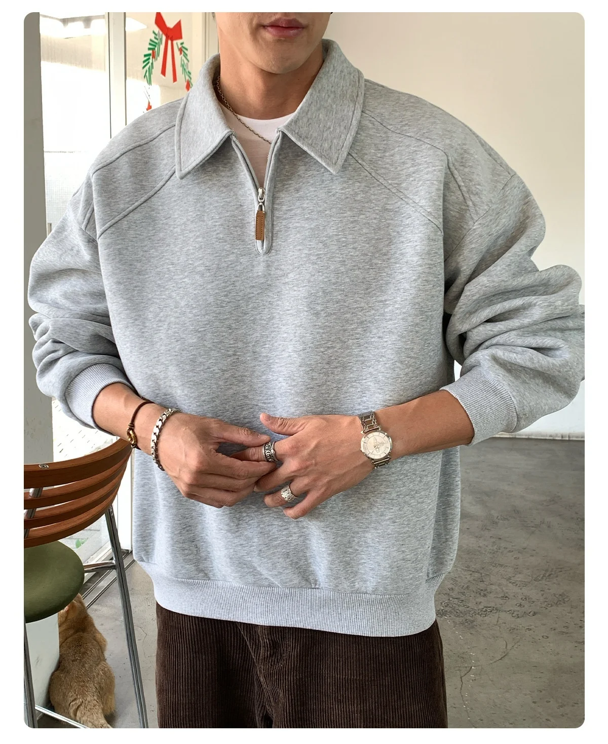 TFETTERS Eu Size 2026 Men Half Zip Collared Sweatshirt Autumn Heather Gray Pullover Loose Fit Casual Daily Long Sleeve Sweat Top