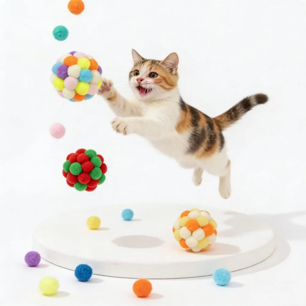 3 Pcs Cat Plush Ball Toys Pet  Bell Ball Interactive Kitten Play Toy Colorful Woolen Ball Suitable for Indoor Training