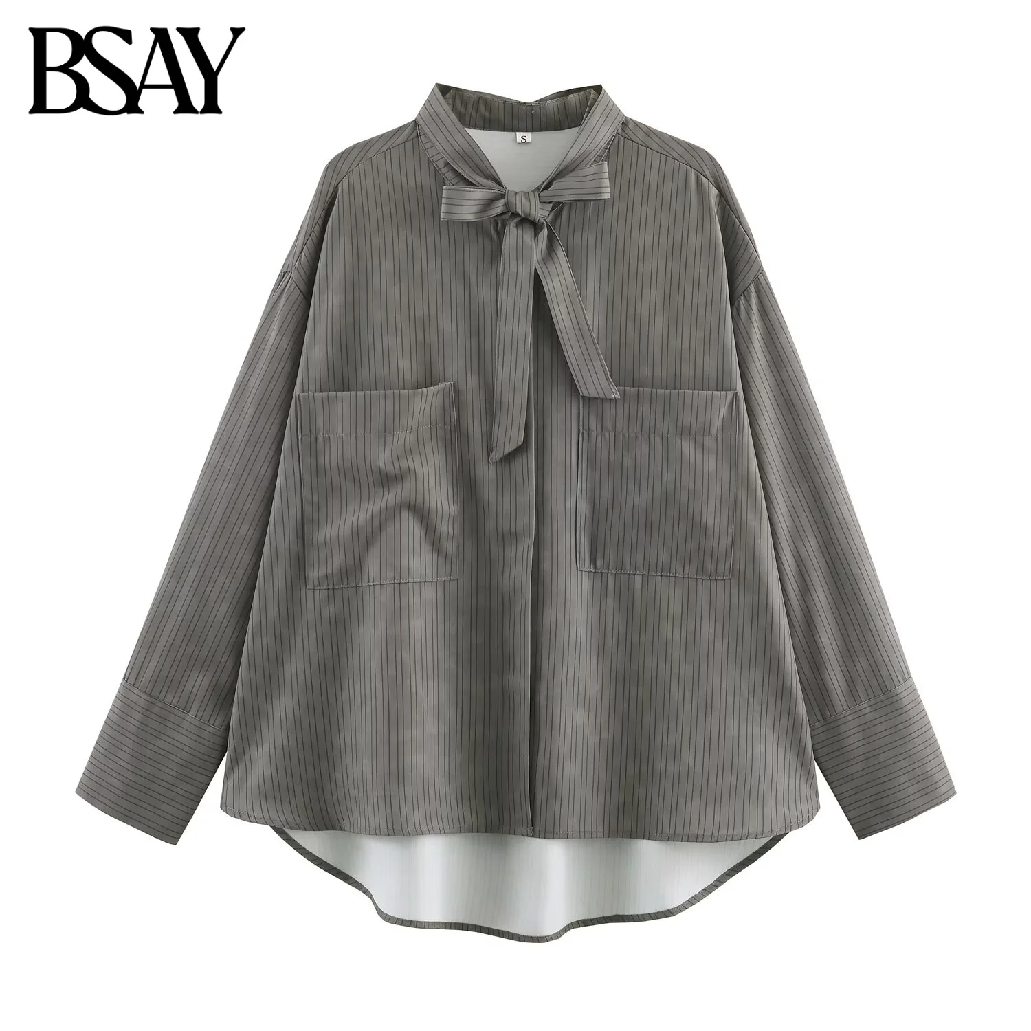 

BSAY Полосатая рубашка с карманами и бантом для женщин, модная осенне-зимняя новая однобортная блузка с длинными рукавами и лацканами, шикарный женский топ