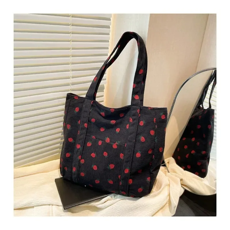 

Strawberry Print Corduroy Tote Bag - Large Capacity Vintage Shoulder Bag for Women, Cute Canvas Storage Purse