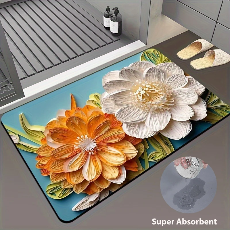 1pc 3D Floral Super Absorbent Bathroom Floor Mat Household Mud Anti Slip Foot Mat Bathroom Carpet Bathroom Door Mat Home Decor