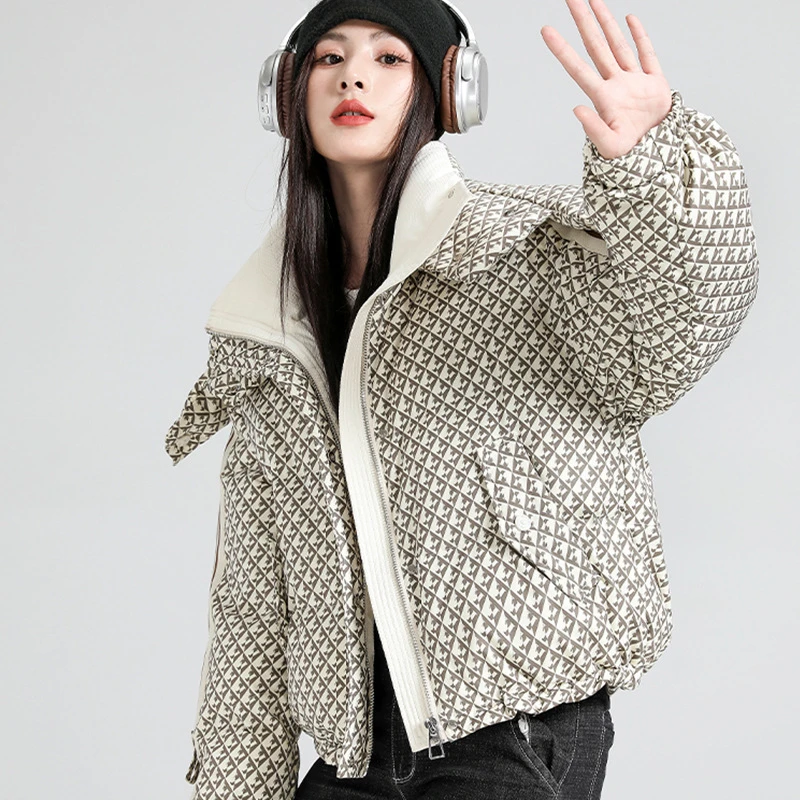 Down Coats with Gloves for Women, Thick Loose Hooded Jacket, Trendy Outerwears, Kilobird Check, High Street, Winter, New