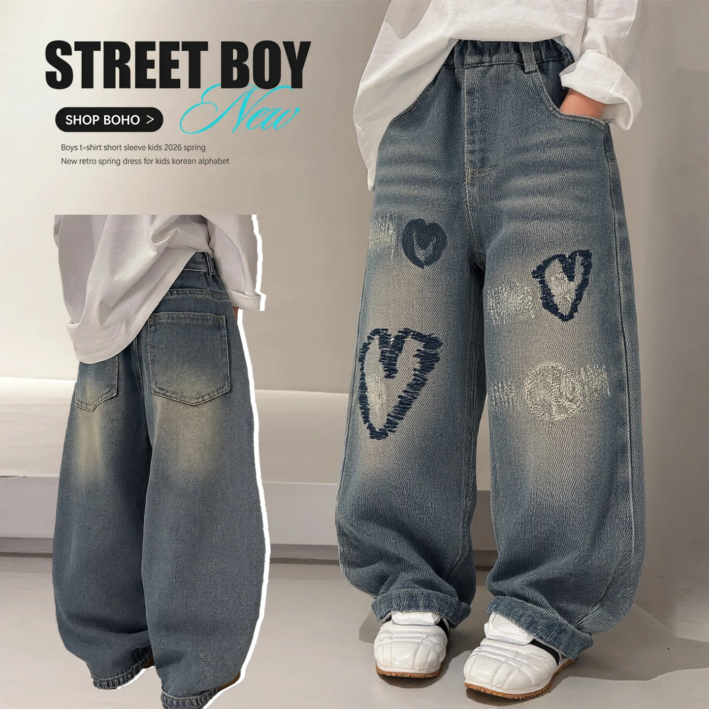 American High-Waist Y2K Straight Heart Drawing Blue Jeans for Kids Hip Hop Streetwear Fashion High Street Long Pants Ages 4-14Y