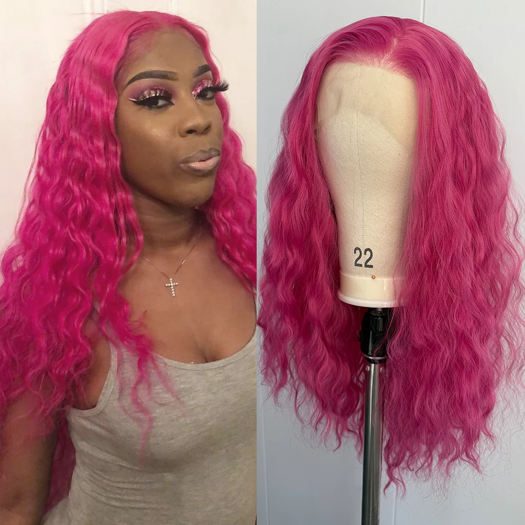 

Розово-розовый парик фронта шнурка 13x4 Синтетические длинные свободные вьющиеся парики для женщин Термостойкие естественно выглядящие парики для ежедневного использования Косплей