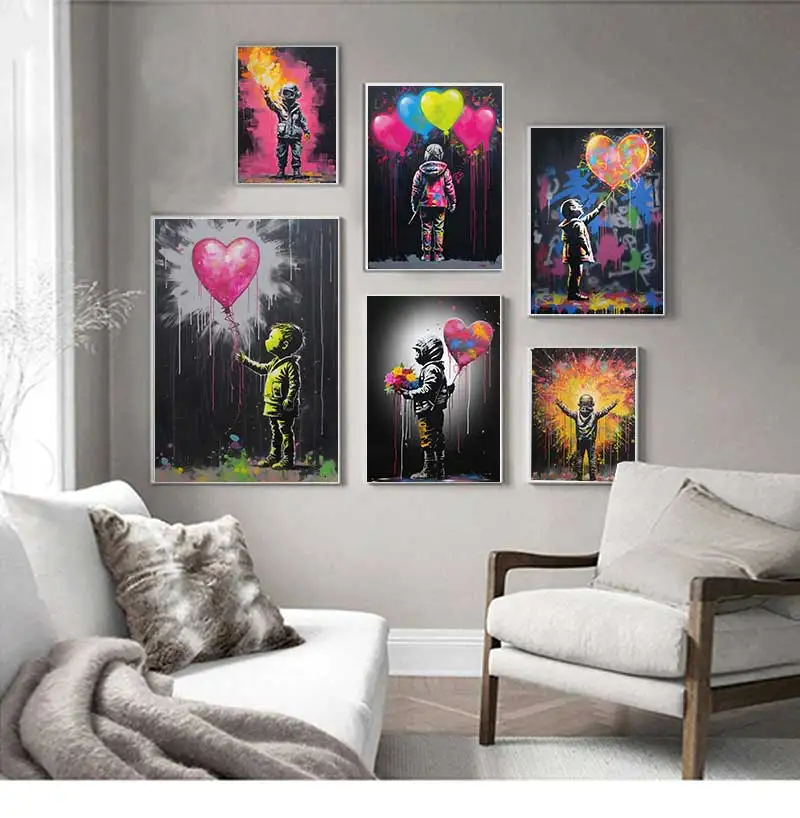 Banksy Modern Abstract Canvas Painting Print Graffiti Heart Wall Art Poster and Picture for Home Office Room Decor Unframed