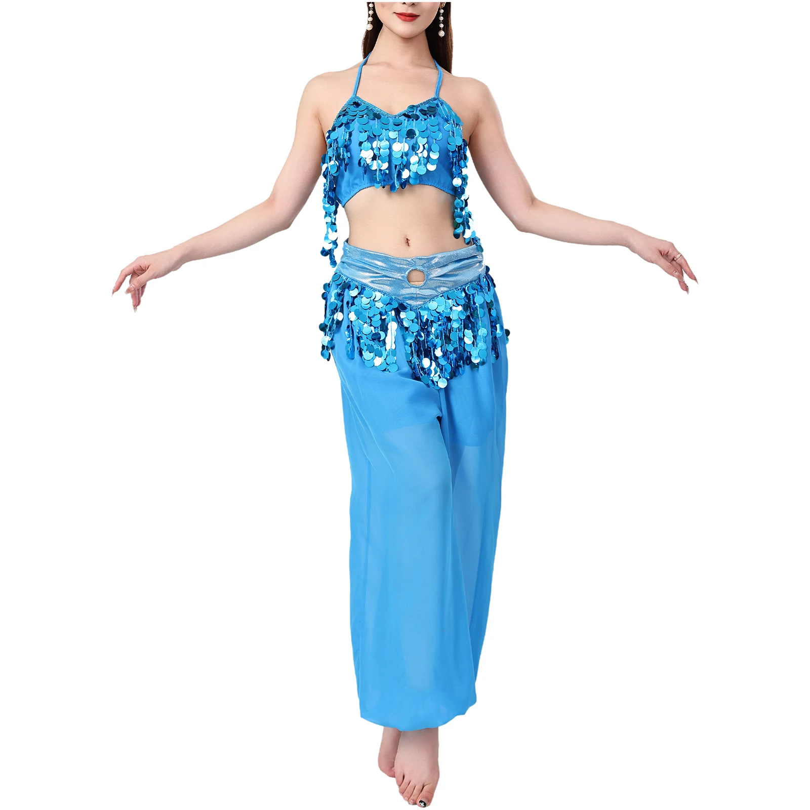 

Women Belly Dance Performance Tassel Outfits Lace-up Crop Top And High Waist Chiffon Lantern Pants Belly Stage Training Costumes