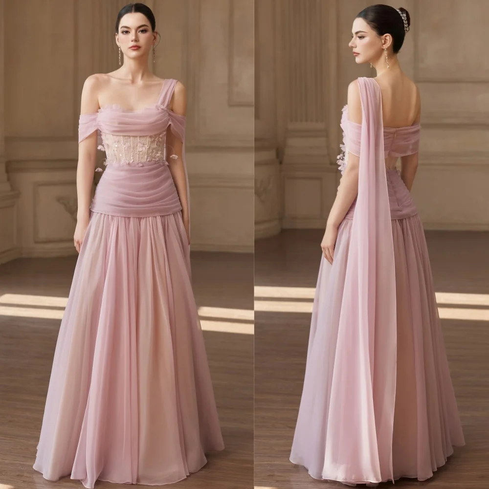 Customized Simple Fashion Chiffon Sequined Pleat A-line Off-the-shoulder Long Dresses Bespoke Occasion Retro