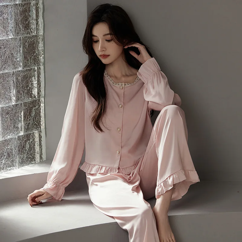 

Ladies pajamas, spring, summer and autumn long-sleeved trousers household clothes and ruffled ice silk suits can be worn outside