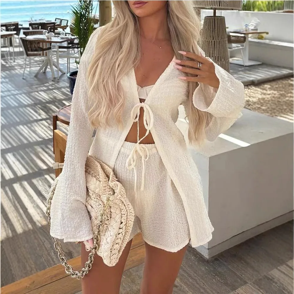 

Fashion Women's V-neck Long-sleeved Tie Shirt Top Shorts Casual Suit New 2025 Autumn Two-piece Suit