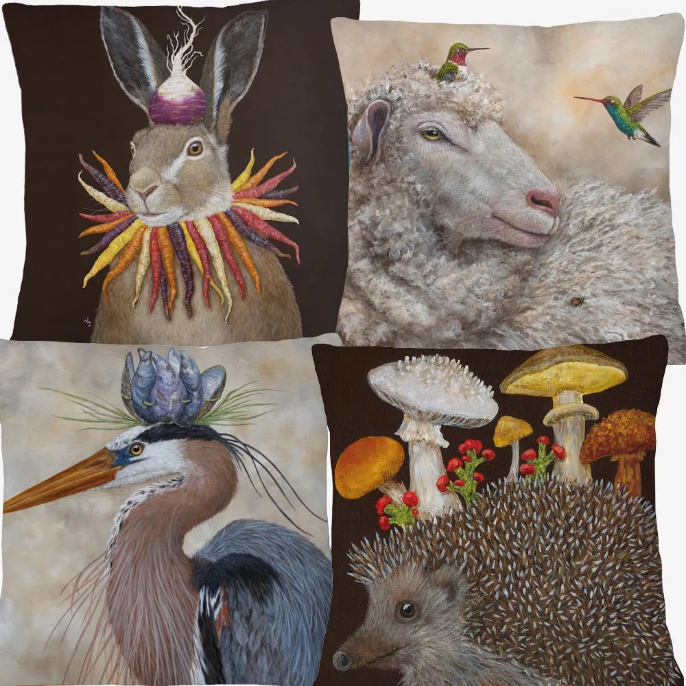 European Pug Dog Rabbit with Carrot Sheep Fox Birds Animals Cushion Cover Decorative Pillowcase