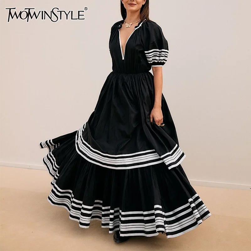 

TWOTWINSTYLE Colorblock Dresses For Women Round Neck Short Sleeve High Waist Spliced Ruffled Loose Dress Female Fashion Style