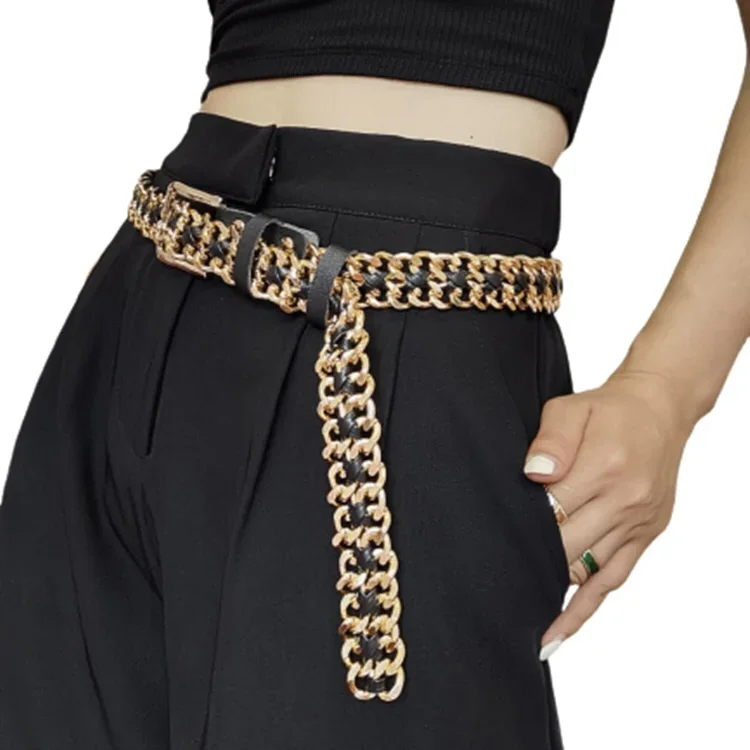 

Wide Black Metal Chain Punk Belt for Women with Gold Silver Buckle