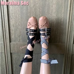 Fashion Round Toe Belt Buckle Butterfly Knot Mary Janes Lace Up Cross Strap Flat With Women Shoes Mixed Colors 2024 Summer New