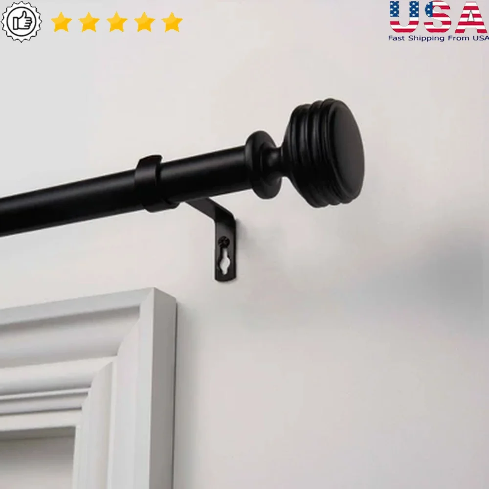 

Matte Black Iron Adjustable Curtain Rod Set with Round Ribbed Finials Supports 25 lb Easy Install Window Decor